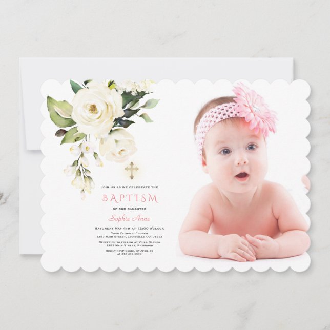 Invitación Chica de foto de Flores Blancas Delicadas Bautismo (Anverso)