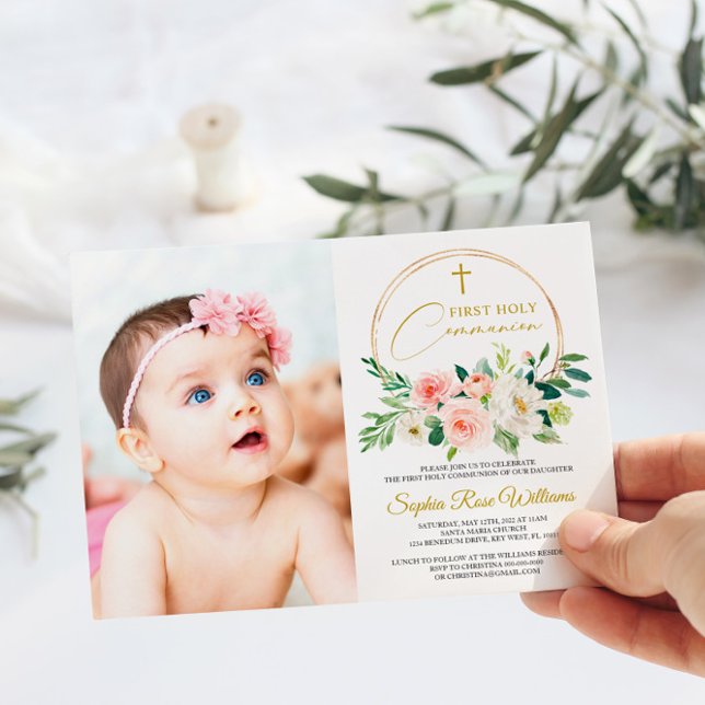 Invitación Chica de foto de rosa rosa floral, primera comunió (Subido por el creador)