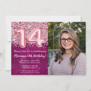 Invitación Chica de foto Magenta Rosa Brillante 14 cumpleaños