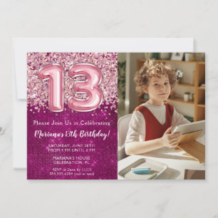 Invitación Chica de foto magenta rosa brillo cumpleaños 13
