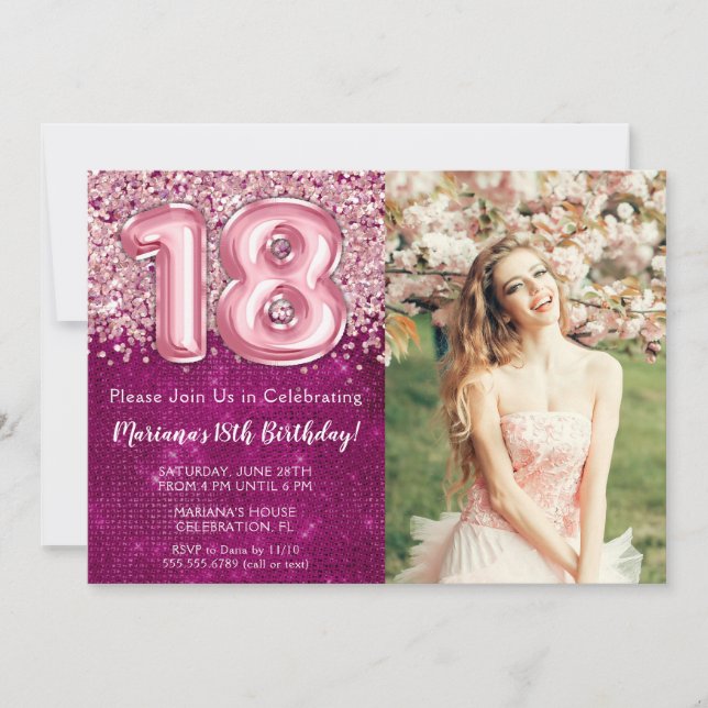 Invitación Chica de foto magenta rosa brillo cumpleaños 18 (Anverso)