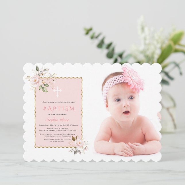 Invitación Chica de fotografía floral de lujo rosa Rubor Gold (Anverso de pie)
