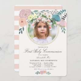 Invitación Chica de fotografía floral rosa primera comunión s