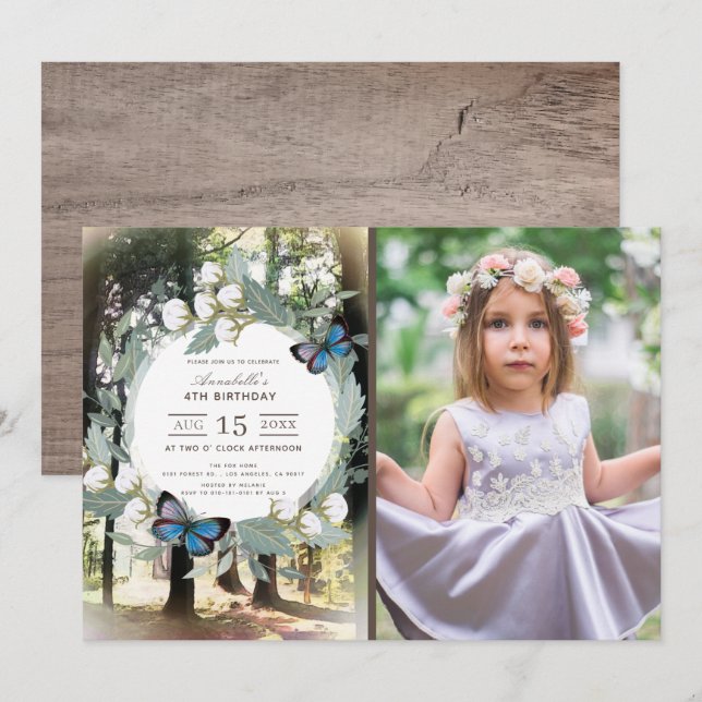 Invitación Chica de fotos de mariposa forestal encantada Cump (Anverso / Reverso)