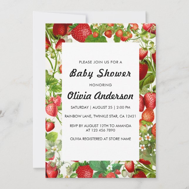 Invitación Chica de fresa acuarela Baby Shower (Anverso)