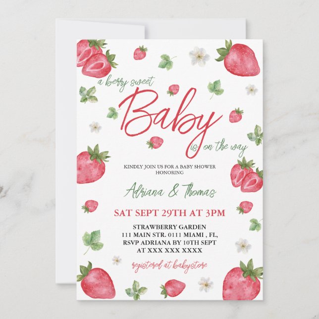 Invitación Chica de fresa Baby Shower acuarela (Anverso)