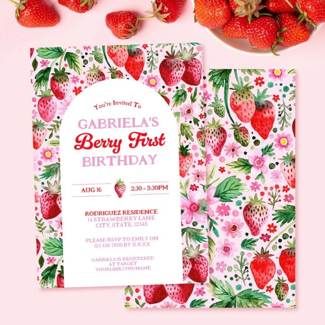 Invitación Chica de fresa Berry 1er cumpleaños (Strawberry Girl Berry 1st Birthday Invitation)
