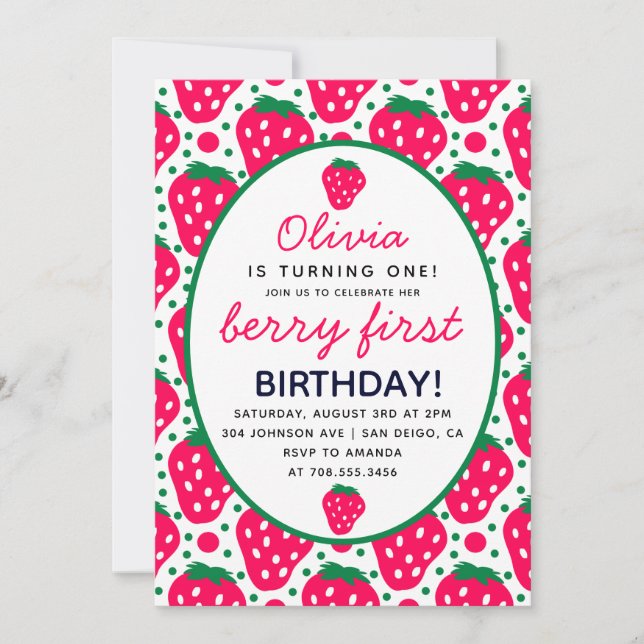 Invitación Chica de fresa Berry Primer cumpleaños Fiesta mode (Anverso)
