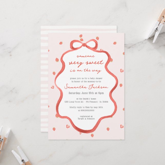 Invitación Chica de fresa dulce Red Bow Baby Shower (Anverso/Reverso In Situ)