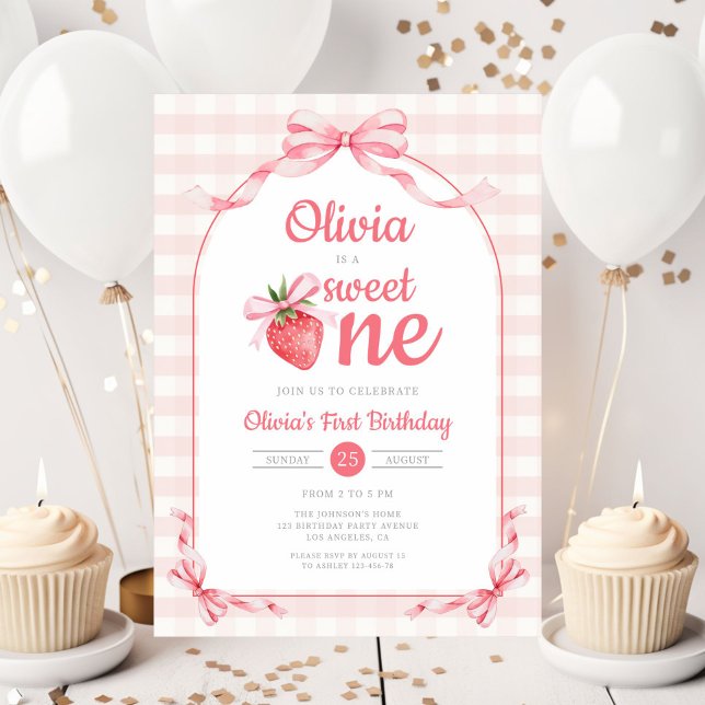 Invitación Chica de fresa dulce un primer cumpleaños (Sweet One Strawberry Girl 1st Birthday Invitation)