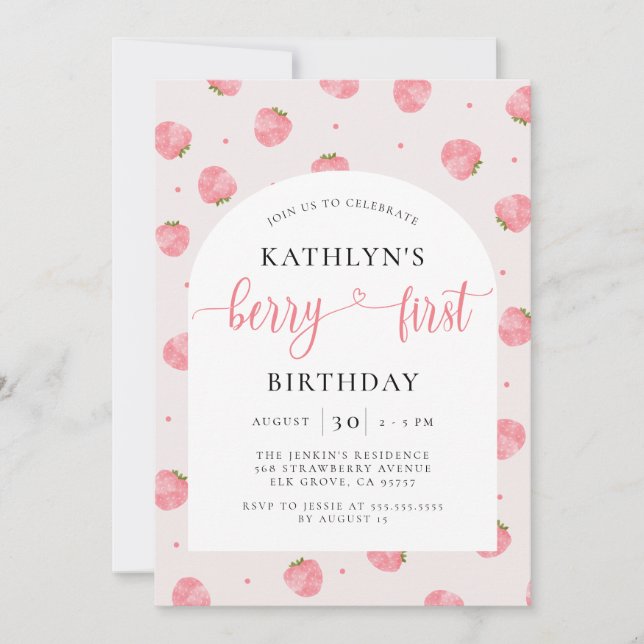 Invitación Chica de fresa primer cumpleaños Berry primer cump (Anverso)