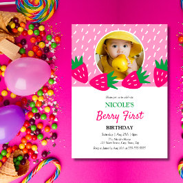 Invitación Chica de fresa rosada dulce lindo foto primer cump