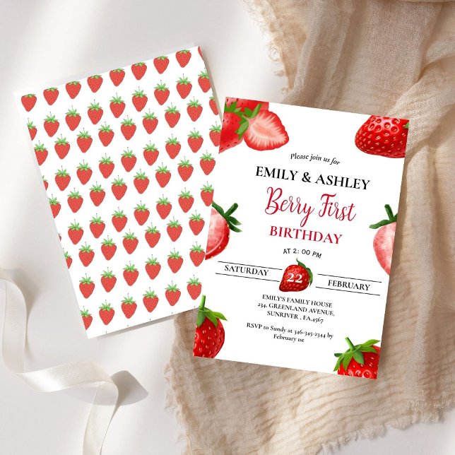 Invitación Chica de fresa Twin First Birday| Berry Sweet (Subido por el creador)