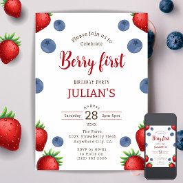 Invitación Chica de fresa y arándano primer cumpleaños de Ber