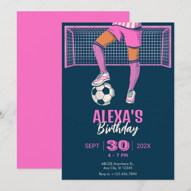 Invitación Chica de fútbol/cumpleaños femenino (Anverso / Reverso)