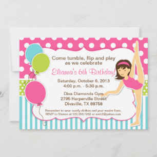 Invitación Chica de gimnasia rosa verde y azul con cabello os