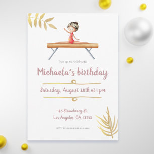 Invitación Chica de Gimnasia Rosa y Oro en cumpleaños de viga