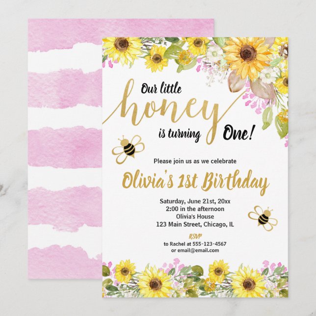 Invitación Chica de girasol de abejorro rosa amarillo primer  (Anverso / Reverso)