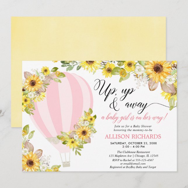 Invitación Chica de girasoles de globo aerostático amarillo r (Anverso / Reverso)