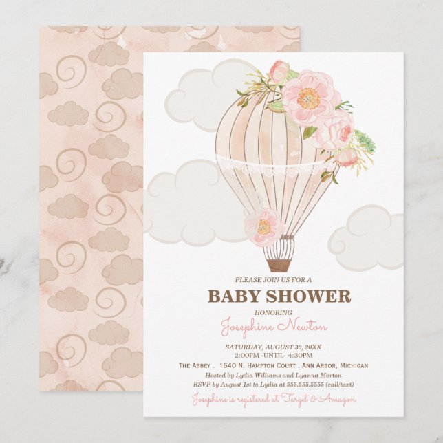 Invitación Chica de globo aerostático Pastel rosa Baby Shower (Anverso / Reverso)