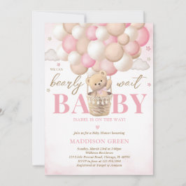 Invitación Chica de globo aerostático rosa de oso Baby Shower