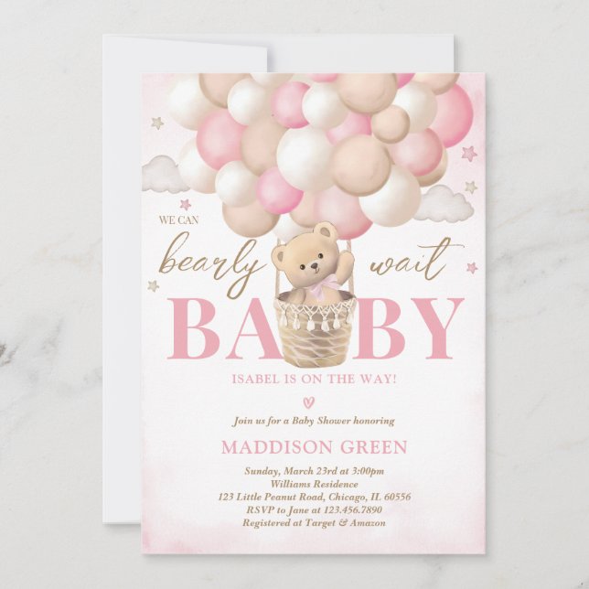 Invitación Chica de globo aerostático rosa de oso Baby Shower (Anverso)