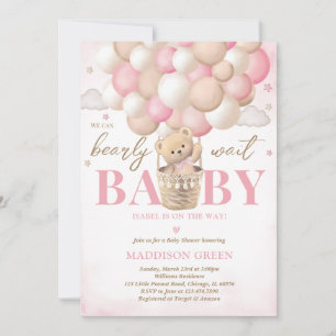 Invitación Chica de globo aerostático rosa de oso Baby Shower