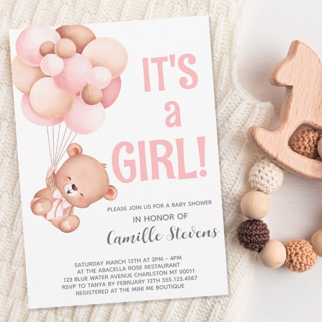 Invitación Chica de globo Baby Shower Teddy Bear (Subido por el creador)