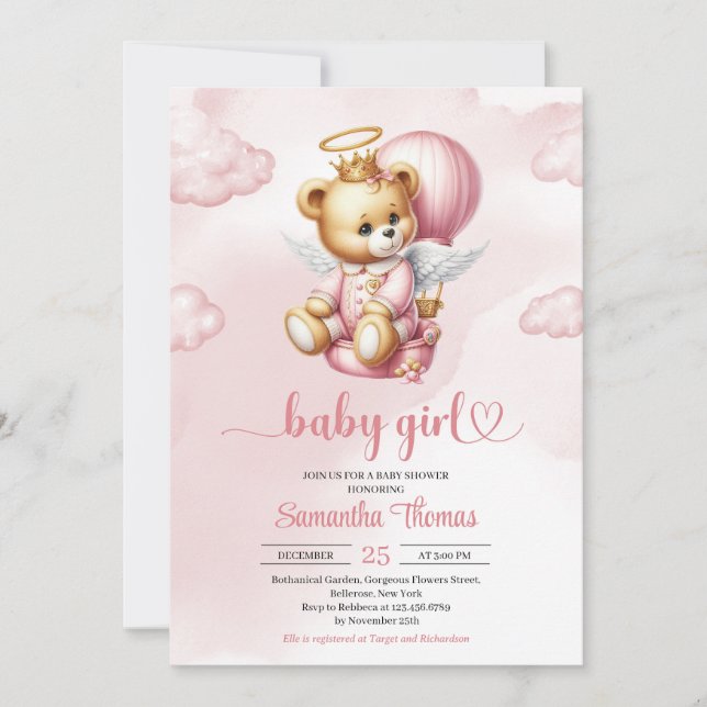 Invitación Chica de globo de aire caliente de ángel de oso de (Anverso)