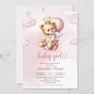 Invitación Chica de globo de aire caliente de ángel de oso de