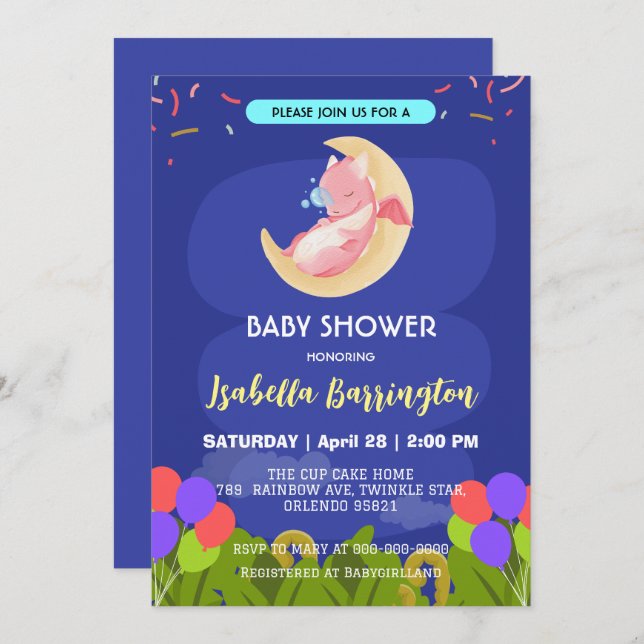 Invitación Chica de globo de dinosaurio de bebé lindo (Anverso / Reverso)