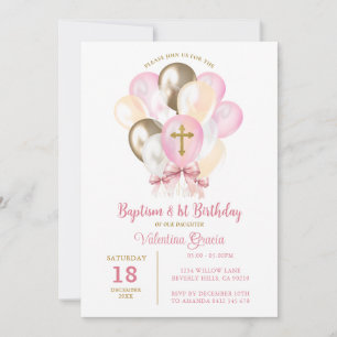 Invitación Chica de globo de oro rosa Baptismo Bow de cumplea