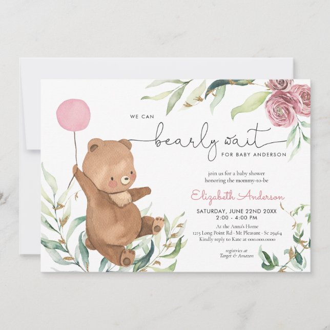 Invitación Chica de globo de oso rosa de vegetación floral Ba (Anverso)