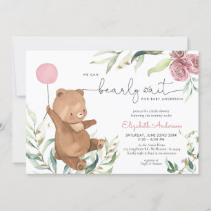 Invitación Chica de globo de oso rosa de vegetación floral Ba