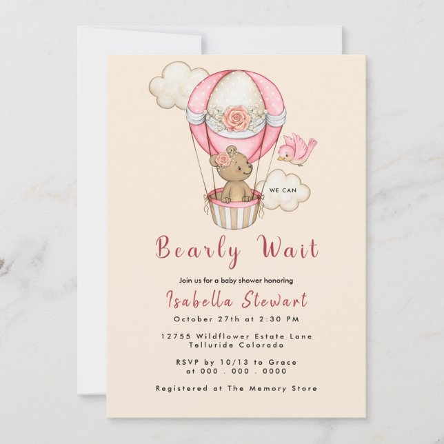 Invitación Chica de globo de Oso Teddy Bear Bearly Wait Baby  (Anverso)