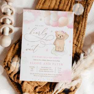 Invitación Chica de globo de Oso Teddy Bear Bearly Wait Baby 