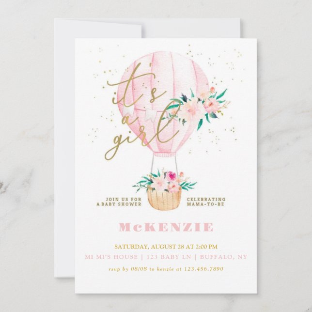 Invitación Chica de globo floral rosa Baby Shower (Anverso)