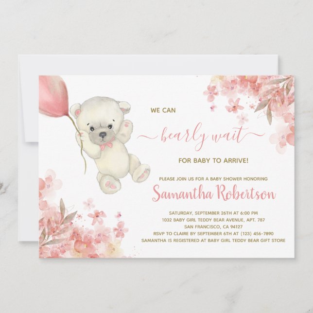 Invitación Chica de globo floral rosa de oso lindo Baby Showe (Anverso)