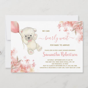 Invitación Chica de globo floral rosa de oso lindo Baby Showe