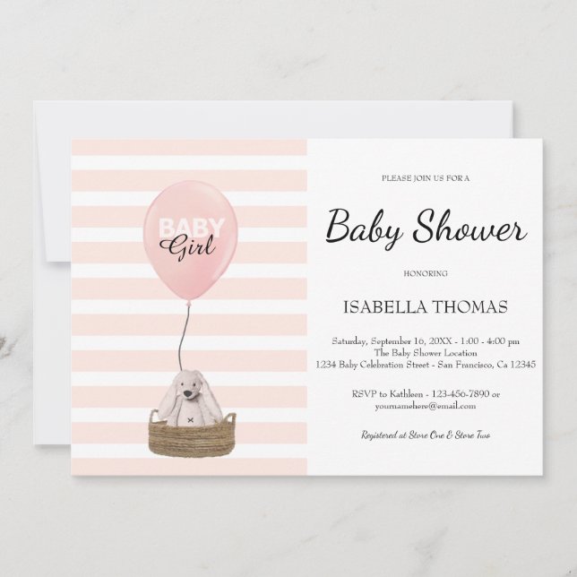 Invitación Chica de globo rosa Bandas rosadas Baby Shower (Anverso)