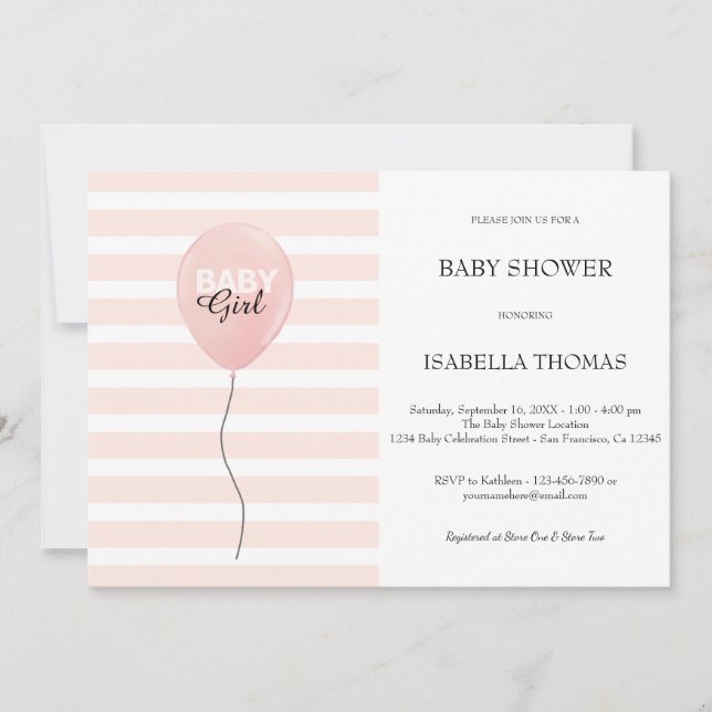 Invitación Chica de globo rosa Bandas rosadas Baby Shower (Anverso)