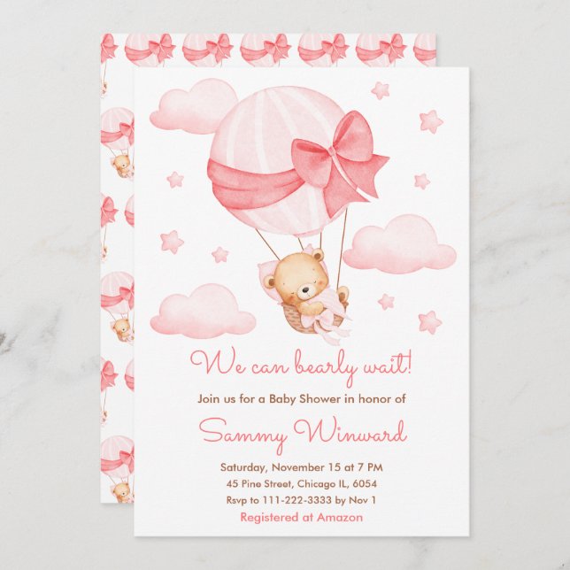 Invitación Chica de globo rosa Bearly Wait Baby Shower (Anverso / Reverso)