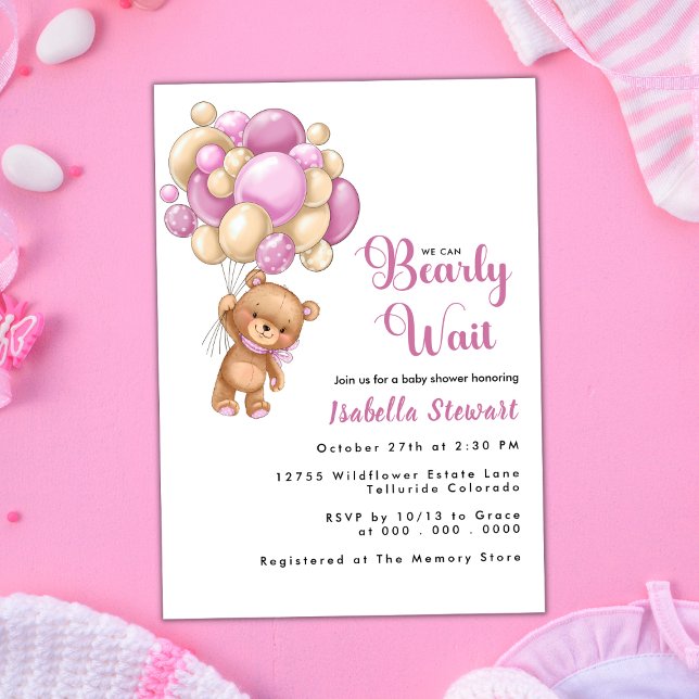 Invitación Chica de globo rosa de Oso de Oso Cutáneo Baby Sho (Subido por el creador)