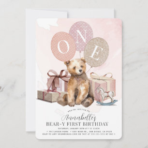 Invitación Chica de globo rosa de oso de primer cumpleaños