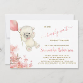 Invitación Chica de globo rosa de Oso Polar de Teddy Baby Sho