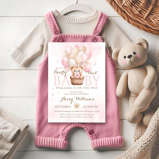 Invitación Chica de globo rosa Teddy Bear Baby Shower (Subido por el creador)