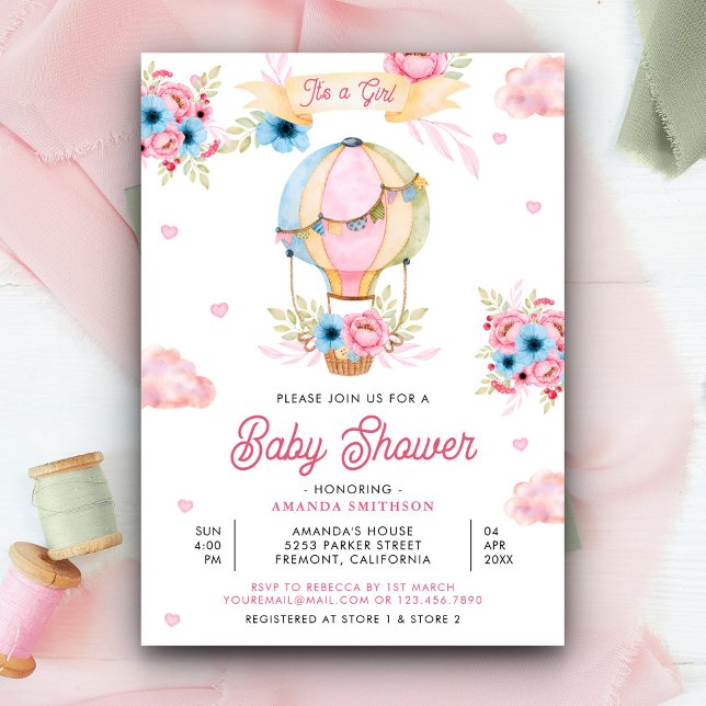Invitación Chica de globo Vivid Pink Floral Hot Air Balloon B (Subido por el creador)