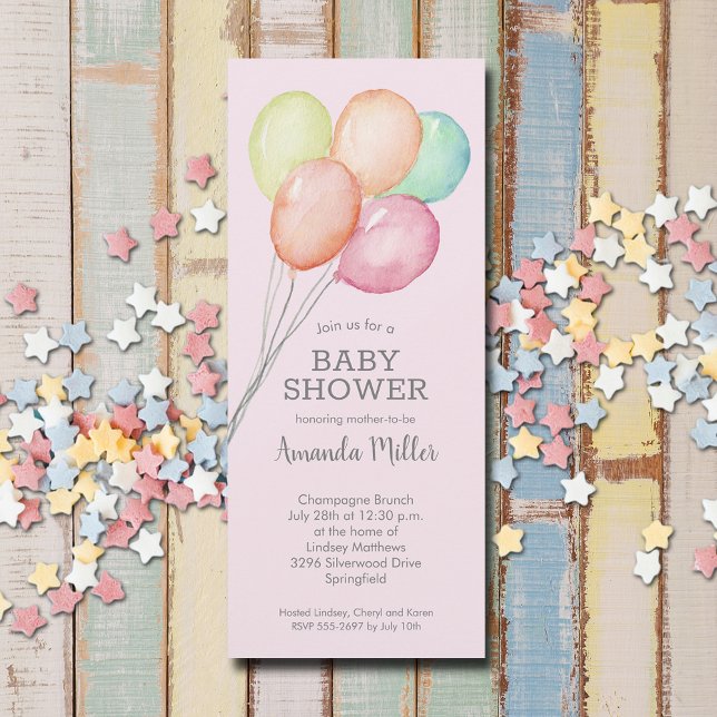 Invitación Chica de globos acuáticos Baby Shower (Watercolor balloons girl baby shower invitations, PRINTED and/or INSTANT DOWNLOAD)