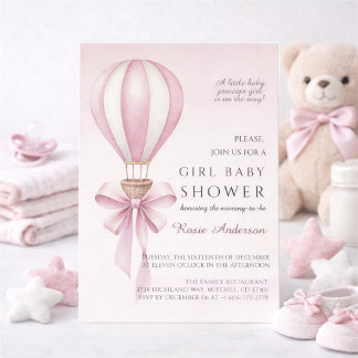 Invitación Chica de globos aerostáticos de acuarela rosa Baby