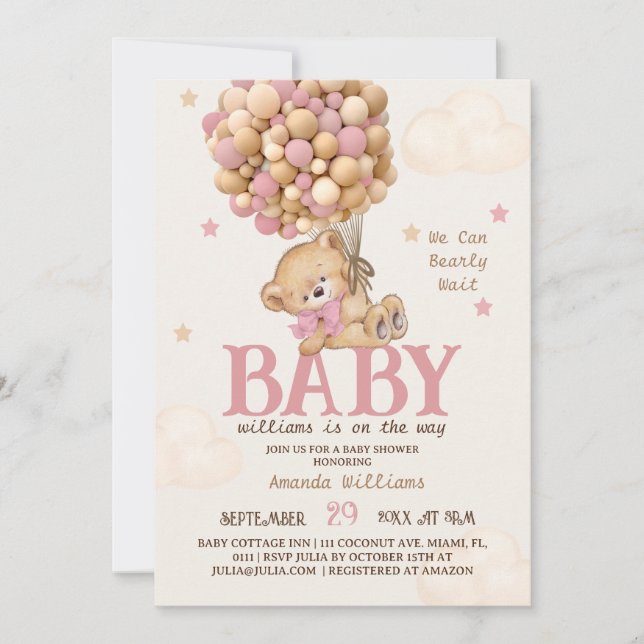 Invitación Chica de globos de oso rosa Baby Shower (Anverso)